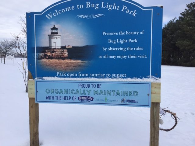 Bug Light Park sign noting that the park grounds are organically maintained