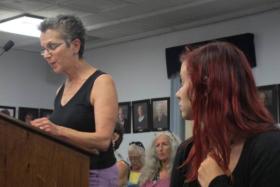 A speaker addressing a Protect South Portland gathering at a podium