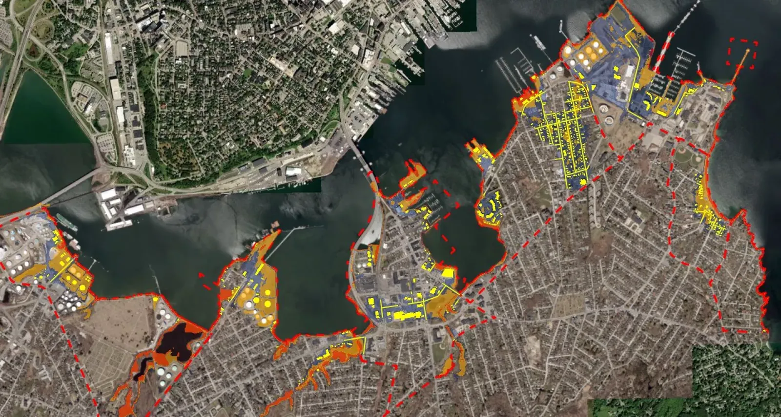 Map of sea level rise and coastal flood exposure around Portland Harbor and South Portland