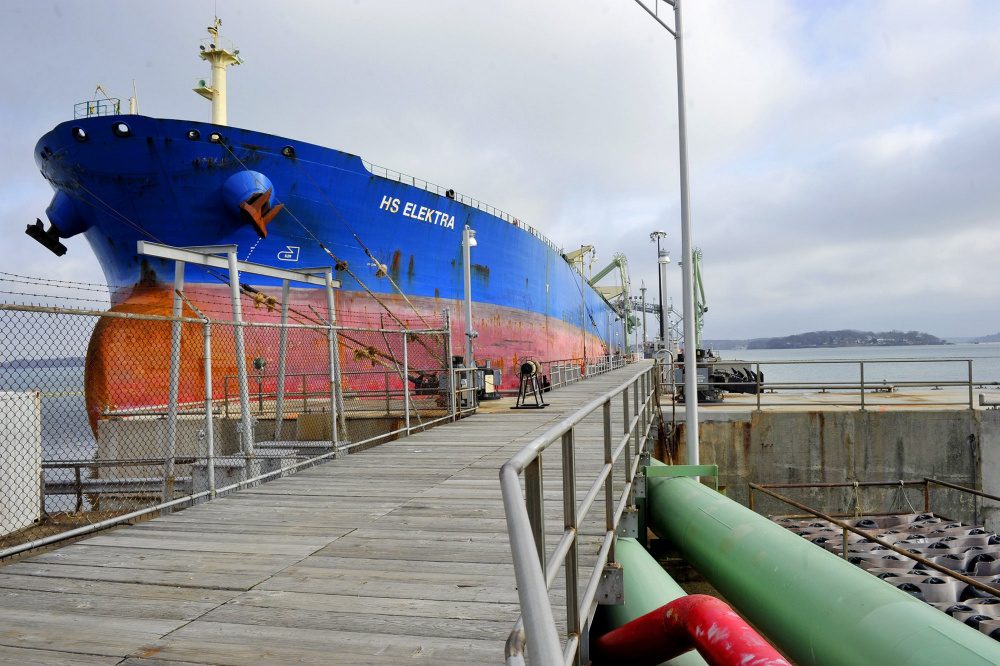 A tanker moored at the marine oil terminal jetty in South Portland harbor