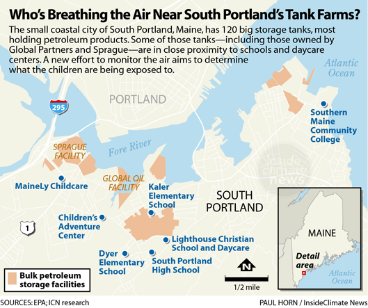 Map of the tank farms, schools, child care centers and sensitive receptors breathing the air near South Portland's tank farms
